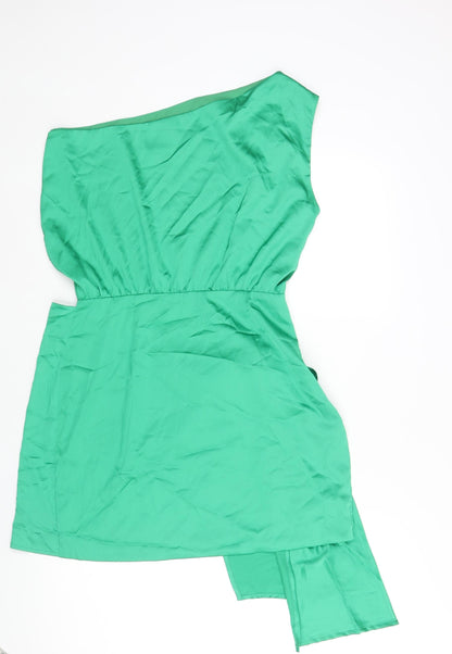 RUNWAY Womens Green Polyester Mini Size 10 One Shoulder Zip - Wrap Skirt Detail