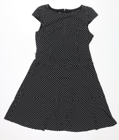 Anne Klein Womens Black Polka Dot Polyester A-Line Size 14 Boat Neck Zip