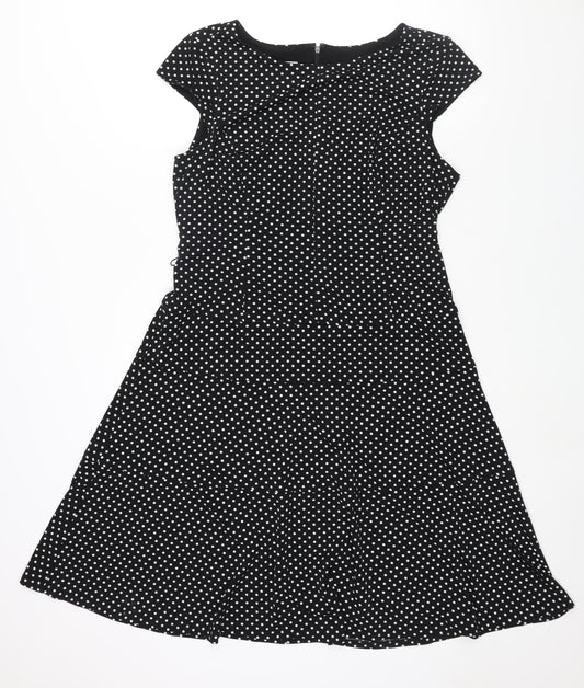 Anne Klein Womens Black Polka Dot Polyester A-Line Size 14 Boat Neck Zip