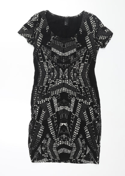H&M Womens Black Geometric Cotton Bodycon Size M Scoop Neck Pullover