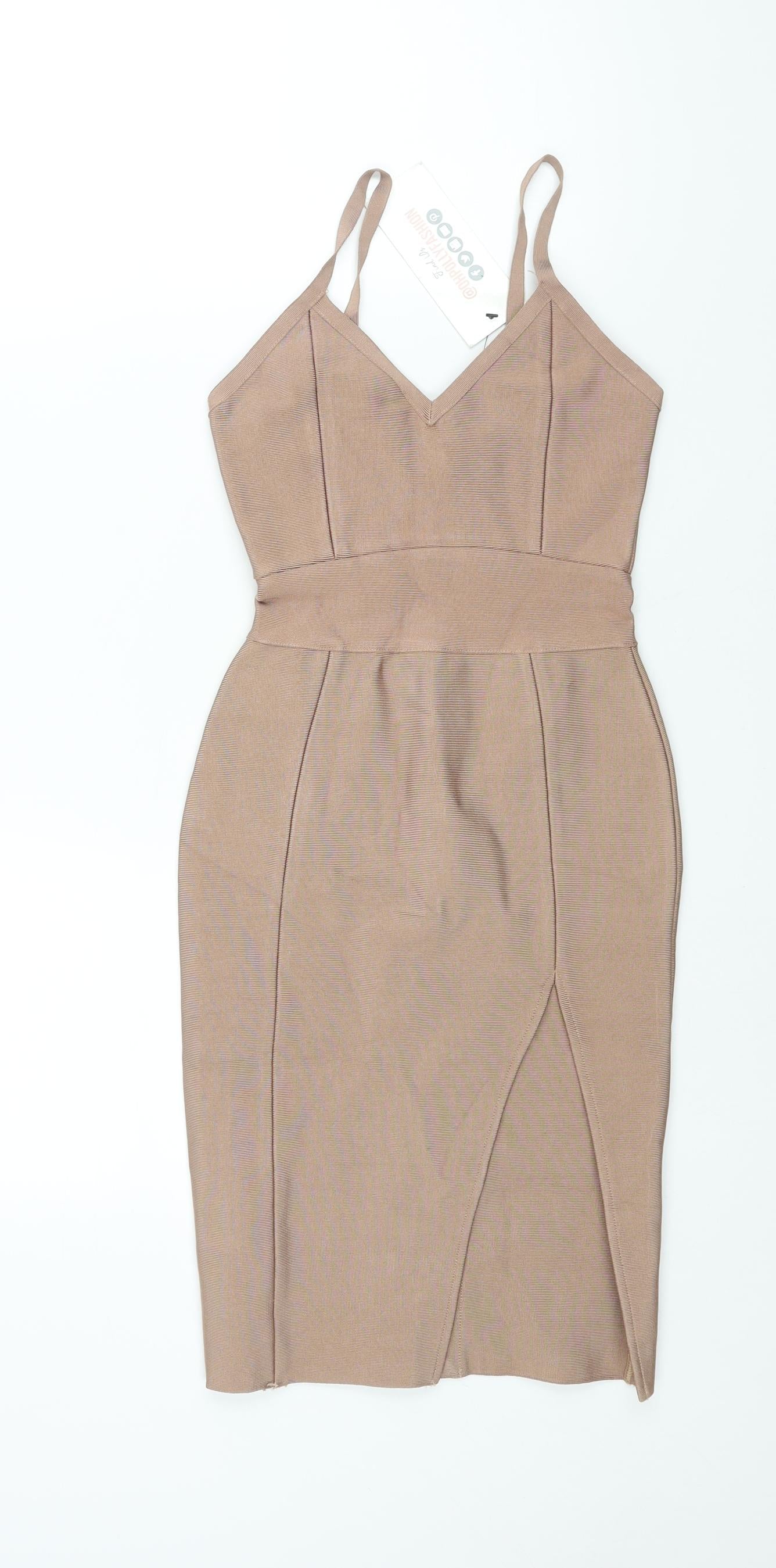 Oh Polly Womens Beige Viscose Bodycon Size XS V-Neck Zip - Front Slit