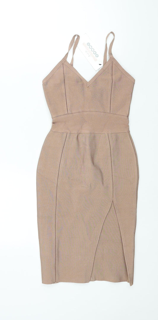 Oh Polly Womens Beige Viscose Bodycon Size XS V-Neck Zip - Front Slit