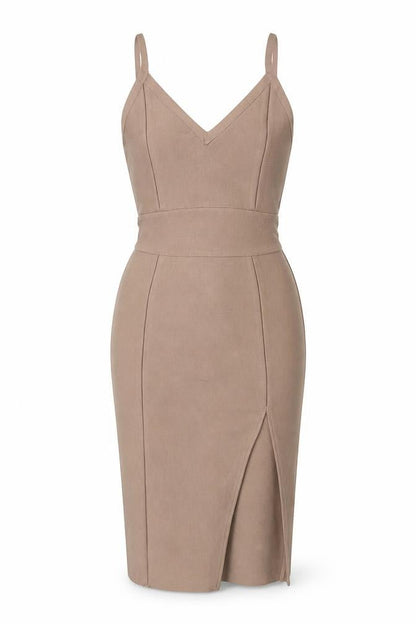 Oh Polly Womens Beige Viscose Bodycon Size XS V-Neck Zip - Front Slit