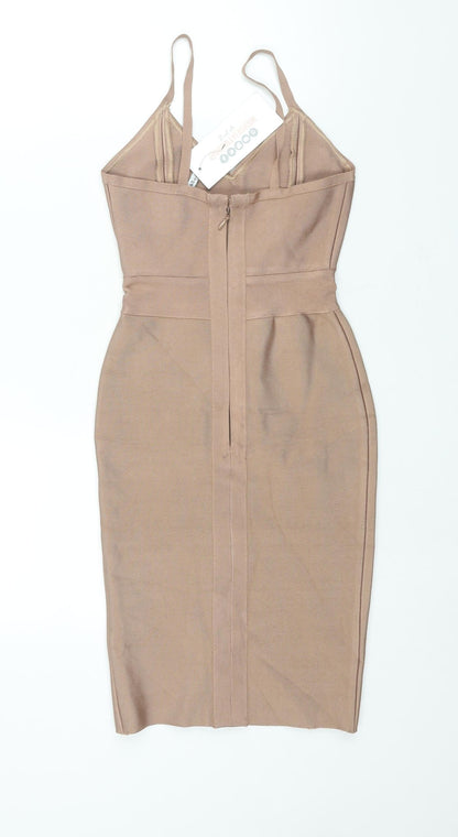 Oh Polly Womens Beige Viscose Bodycon Size XS V-Neck Zip - Front Slit
