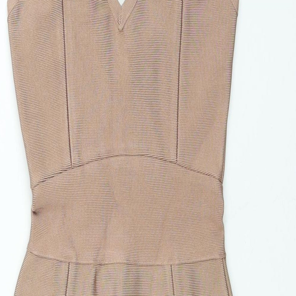 Oh Polly Womens Beige Viscose Bodycon Size XS V-Neck Zip - Front Slit