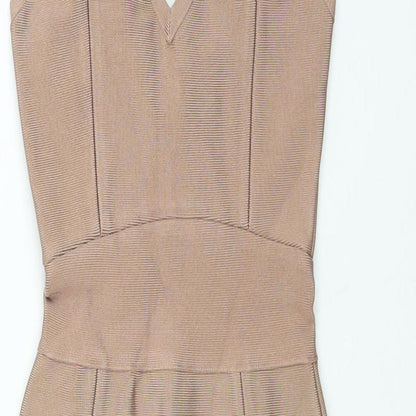 Oh Polly Womens Beige Viscose Bodycon Size XS V-Neck Zip - Front Slit