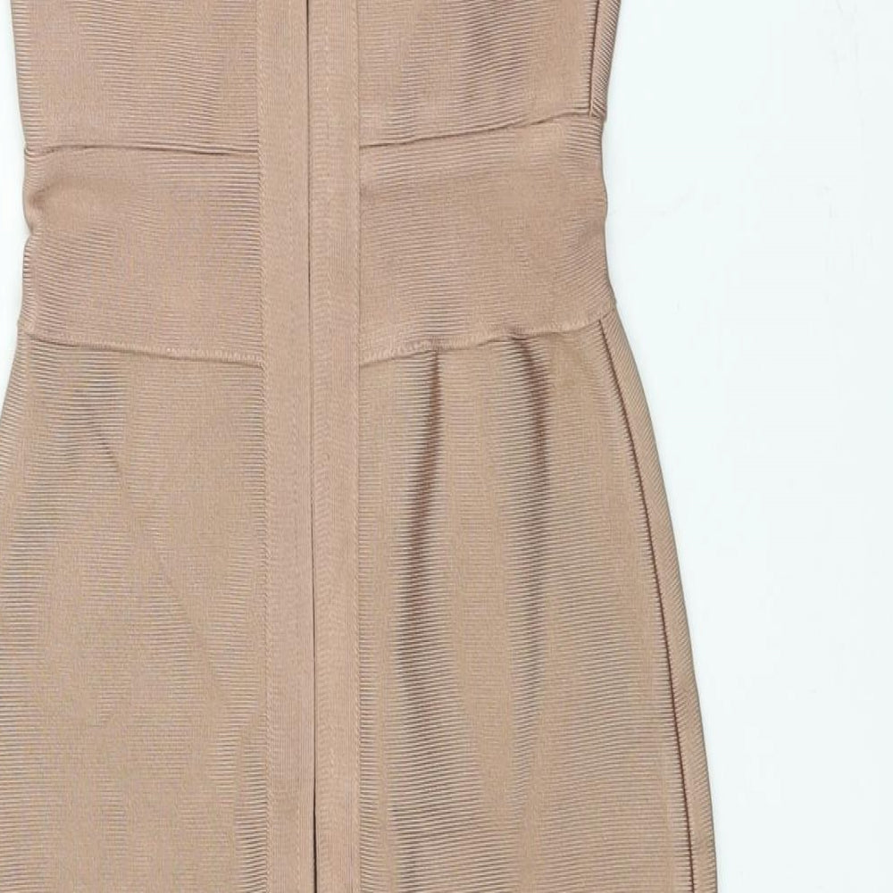 Oh Polly Womens Beige Viscose Bodycon Size XS V-Neck Zip - Front Slit