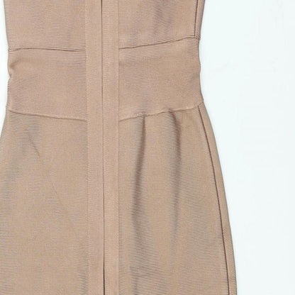 Oh Polly Womens Beige Viscose Bodycon Size XS V-Neck Zip - Front Slit