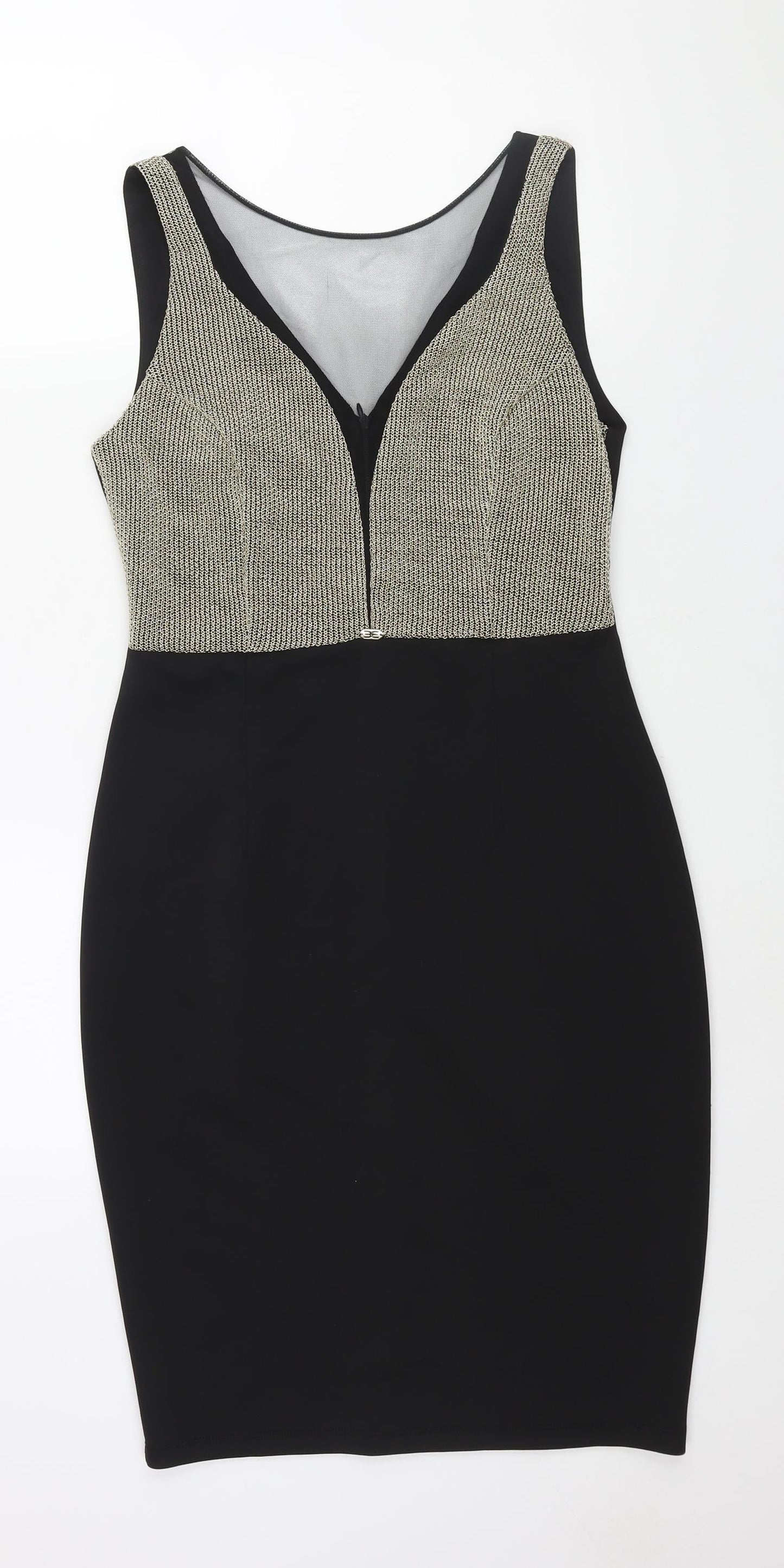 Explosion Womens Black Cotton Pencil Dress Size 14 Round Neck Zip - Gold Chainmail Bodice Mesh V Neck