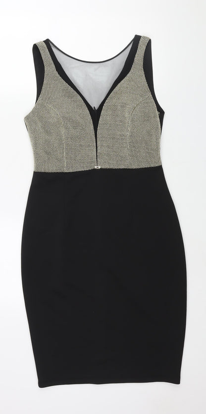 Explosion Womens Black Cotton Pencil Dress Size 14 Round Neck Zip - Gold Chainmail Bodice Mesh V Neck
