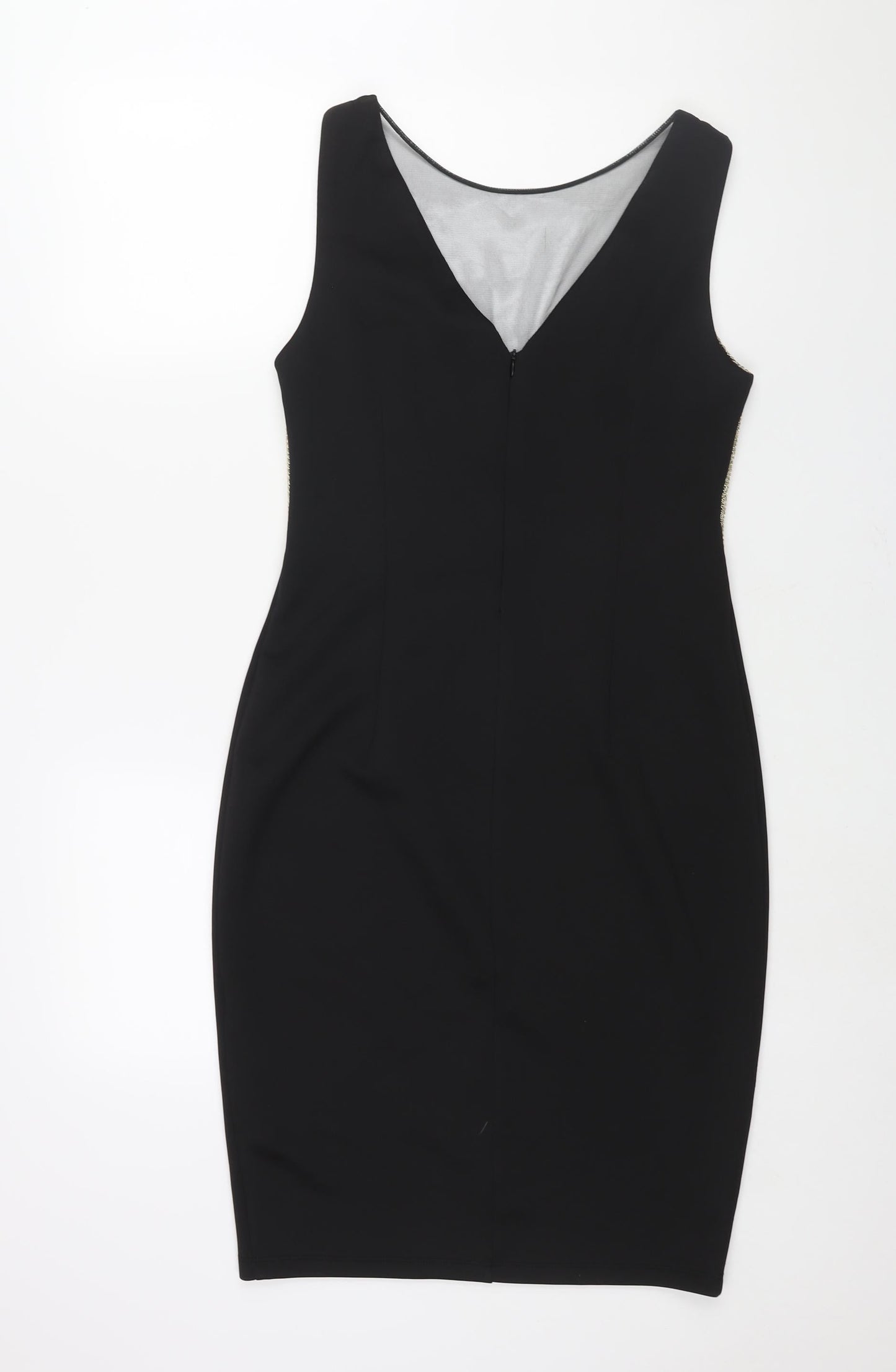 Explosion Womens Black Cotton Pencil Dress Size 14 Round Neck Zip - Gold Chainmail Bodice Mesh V Neck