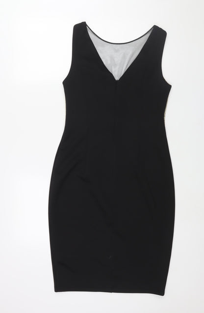 Explosion Womens Black Cotton Pencil Dress Size 14 Round Neck Zip - Gold Chainmail Bodice Mesh V Neck