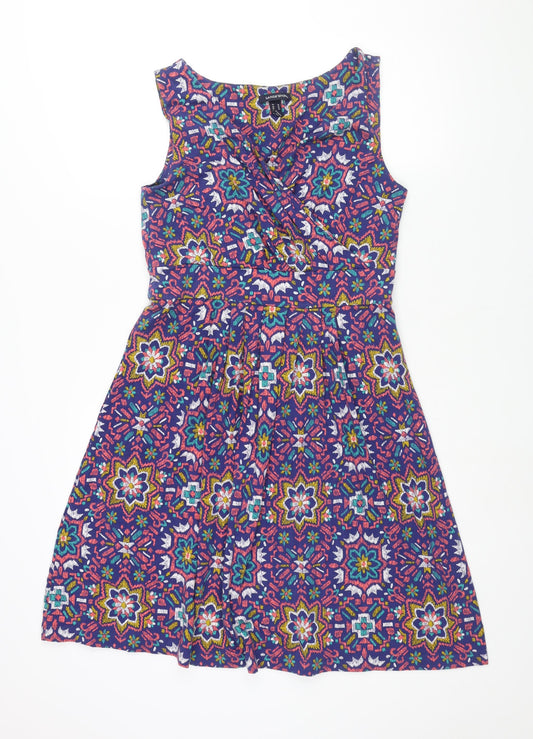 Lands' End Womens Multicoloured Geometric Cotton Fit & Flare Size M V-Neck Pullover