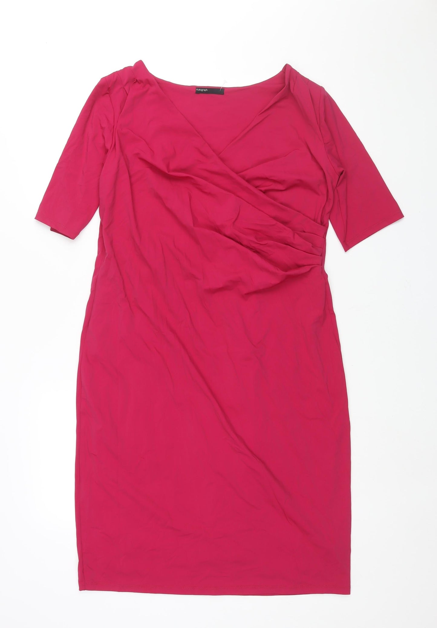 Autograph Womens Pink Polyamide Shift Size 14 V-Neck Pullover - Rouched