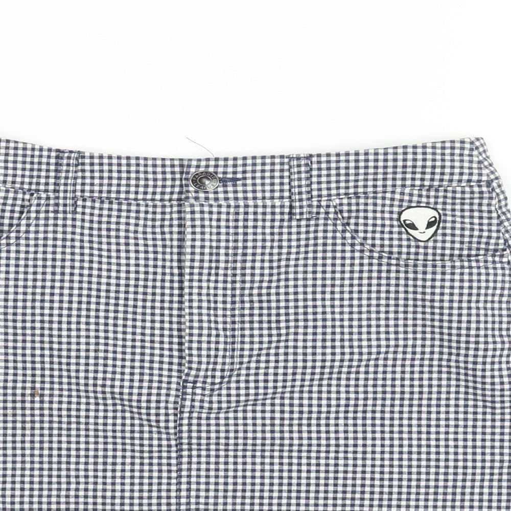Pull&Bear Womens Blue Check Cotton A-Line Skirt Size S Zip - Embroidered Alien Detail