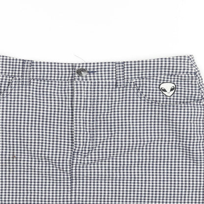 Pull&Bear Womens Blue Check Cotton A-Line Skirt Size S Zip - Embroidered Alien Detail
