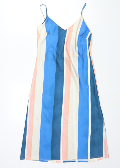 H&M Womens Multicoloured Striped Polyester Slip Dress Size S V-Neck Tie