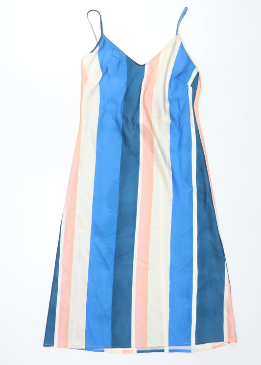 H&M Womens Multicoloured Striped Polyester Slip Dress Size S V-Neck Tie