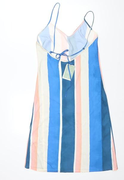 H&M Womens Multicoloured Striped Polyester Slip Dress Size S V-Neck Tie