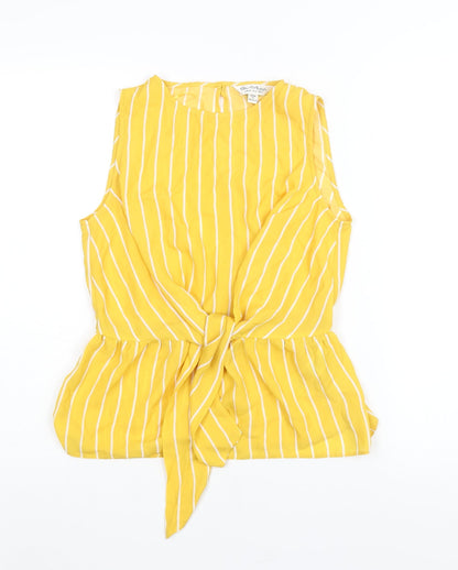 Miss Selfridge Womens Yellow Striped Polyester Camisole Blouse Size 8 Round Neck - Peplum Tie Detail