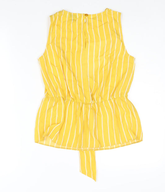 Miss Selfridge Womens Yellow Striped Polyester Camisole Blouse Size 8 Round Neck - Peplum Tie Detail