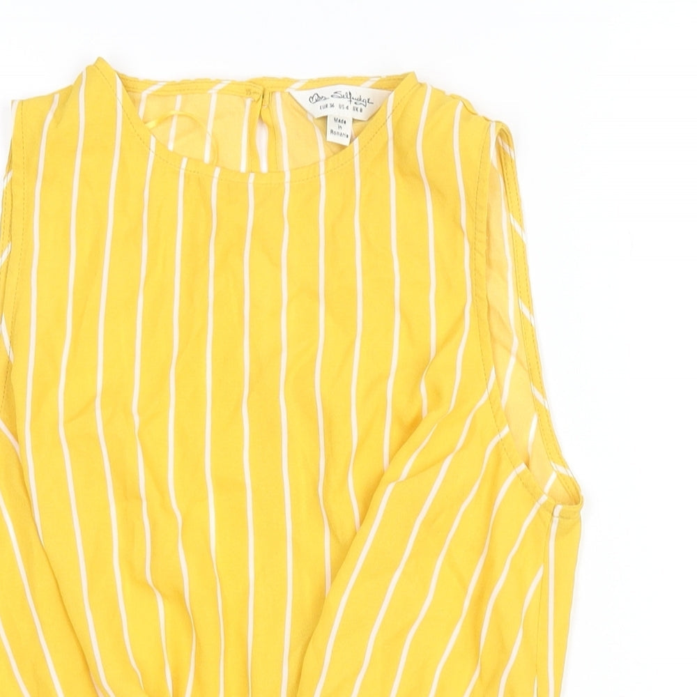 Miss Selfridge Womens Yellow Striped Polyester Camisole Blouse Size 8 Round Neck - Peplum Tie Detail