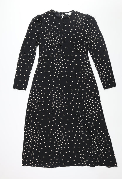 Topshop Womens Black Polka Dot Polyester Shift Size 10 Round Neck Button - Front Slits Keyhole Neck