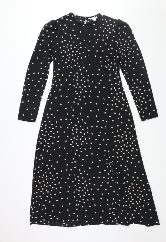 Topshop Womens Black Polka Dot Polyester Shift Size 10 Round Neck Button - Front Slits Keyhole Neck