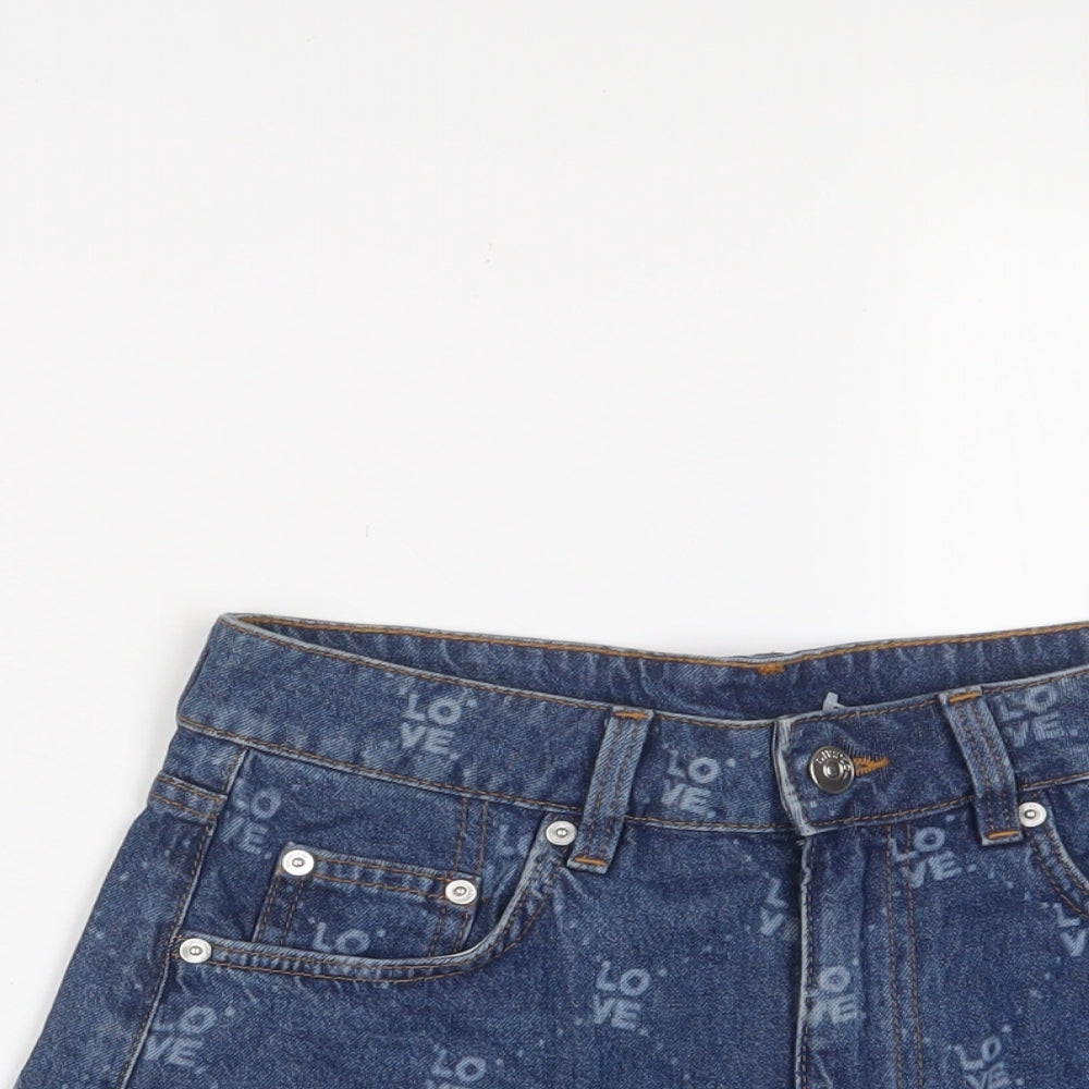 H&M Womens Blue Geometric Cotton Basic Shorts Size 8 Regular Zip - Love