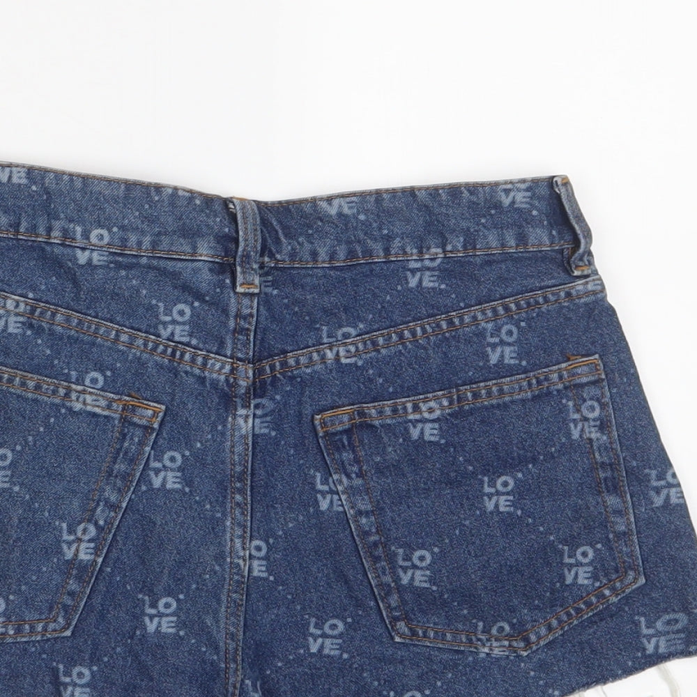 H&M Womens Blue Geometric Cotton Basic Shorts Size 8 Regular Zip - Love