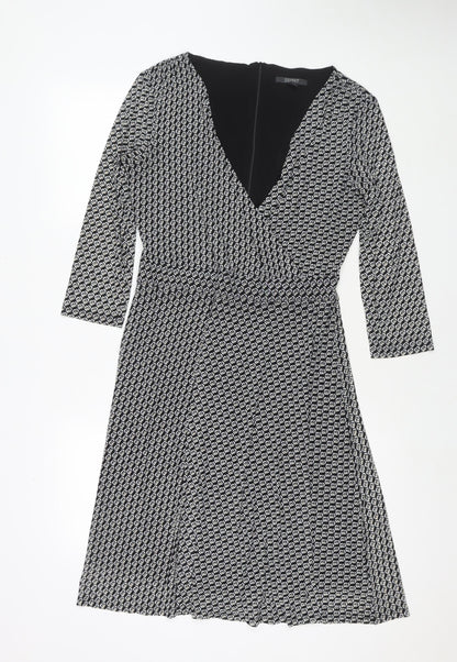 Esprit Womens Black Geometric Polyester Fit & Flare Size M V-Neck Zip