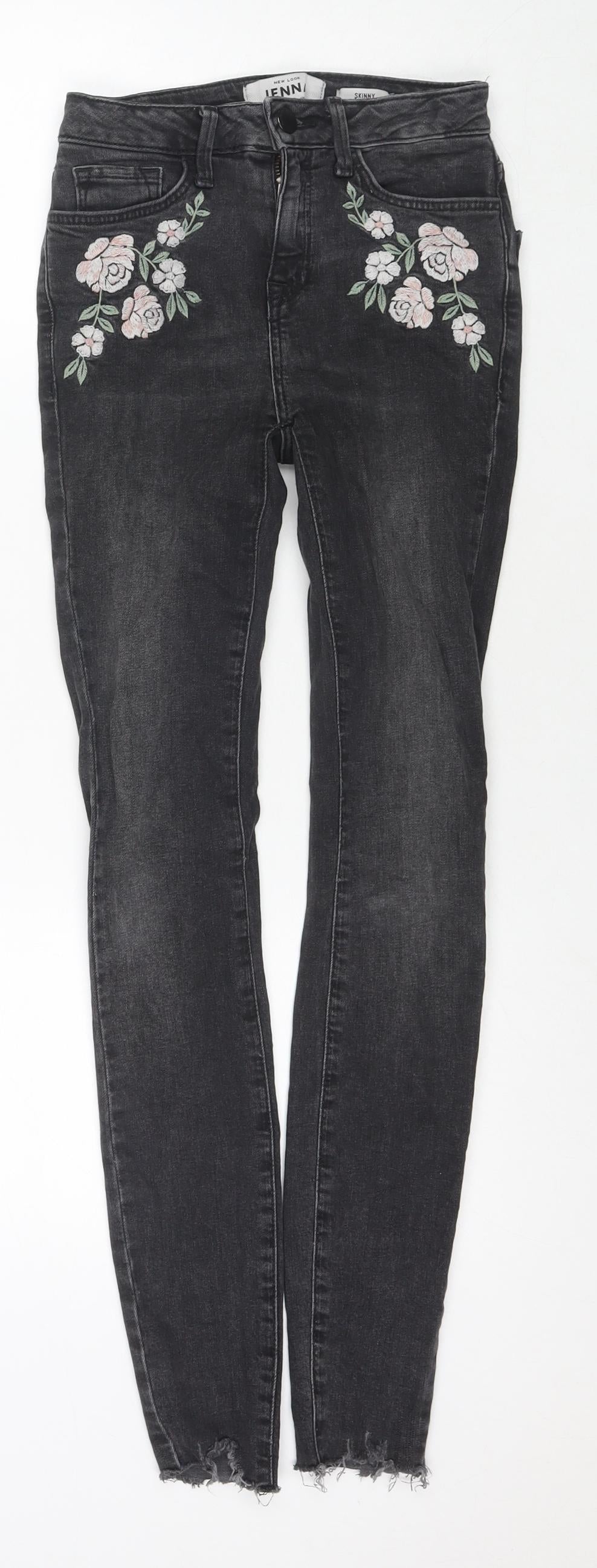 New Look Womens Black Cotton Skinny Jeans Size 4 L29 in Regular Zip - Embraided Flowers