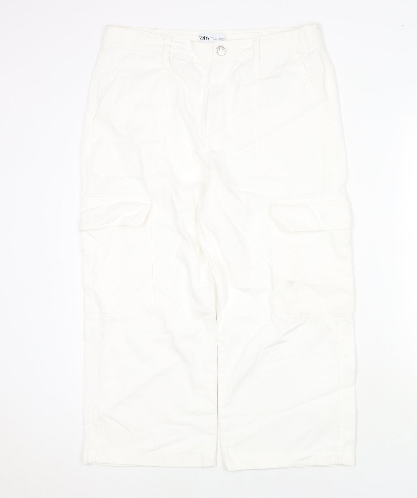 Zara Womens White Cotton Cropped Jeans Size 12 L21 in Regular Zip - Cargo Style