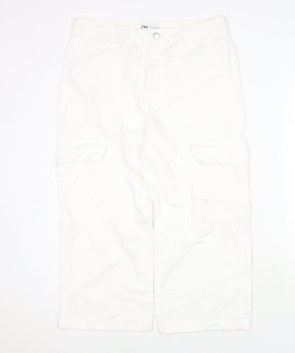 Zara Womens White Cotton Cropped Jeans Size 12 L21 in Regular Zip - Cargo Style