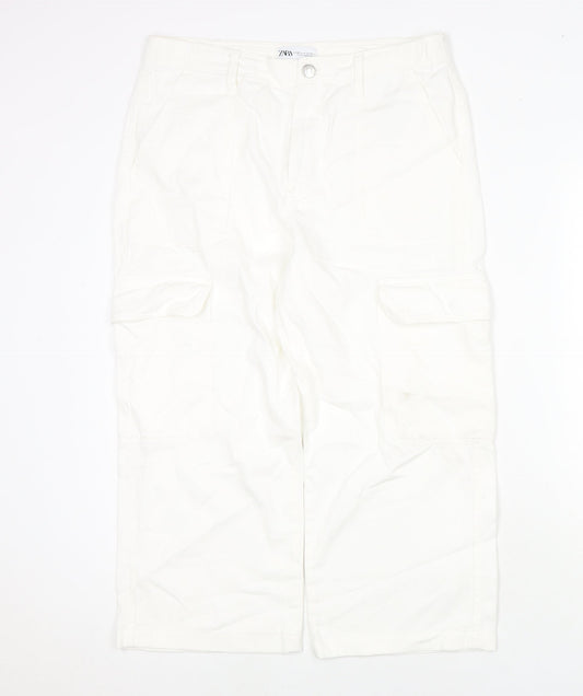 Zara Womens White Cotton Cropped Jeans Size 12 L21 in Regular Zip - Cargo Style