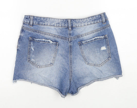 Matalan Womens Blue Geometric Cotton Hot Pants Shorts Size 8 L3 in Regular Zip