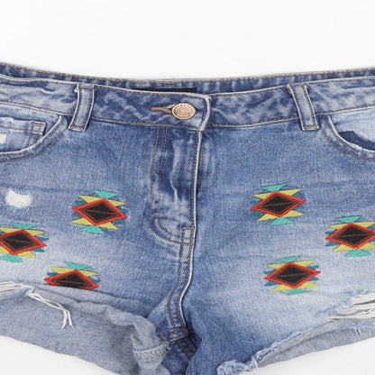 Matalan Womens Blue Geometric Cotton Hot Pants Shorts Size 8 L3 in Regular Zip