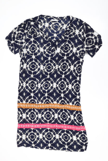 Adini Womens Blue Geometric Viscose T-Shirt Dress Size M V-Neck Pullover