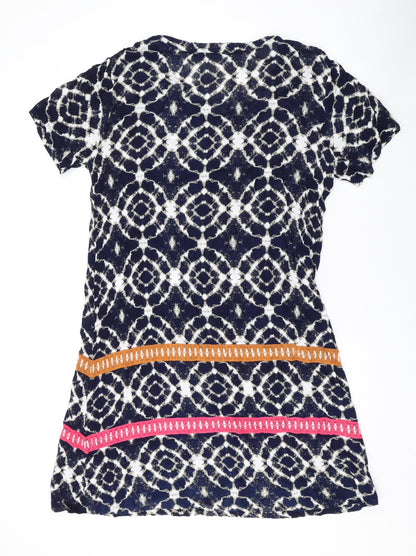 Adini Womens Blue Geometric Viscose T-Shirt Dress Size M V-Neck Pullover