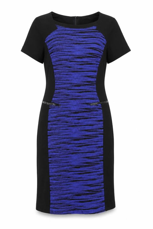 Front view of Roman women’s black geometric acrylic a-line, size UK 20, scoop neck zip