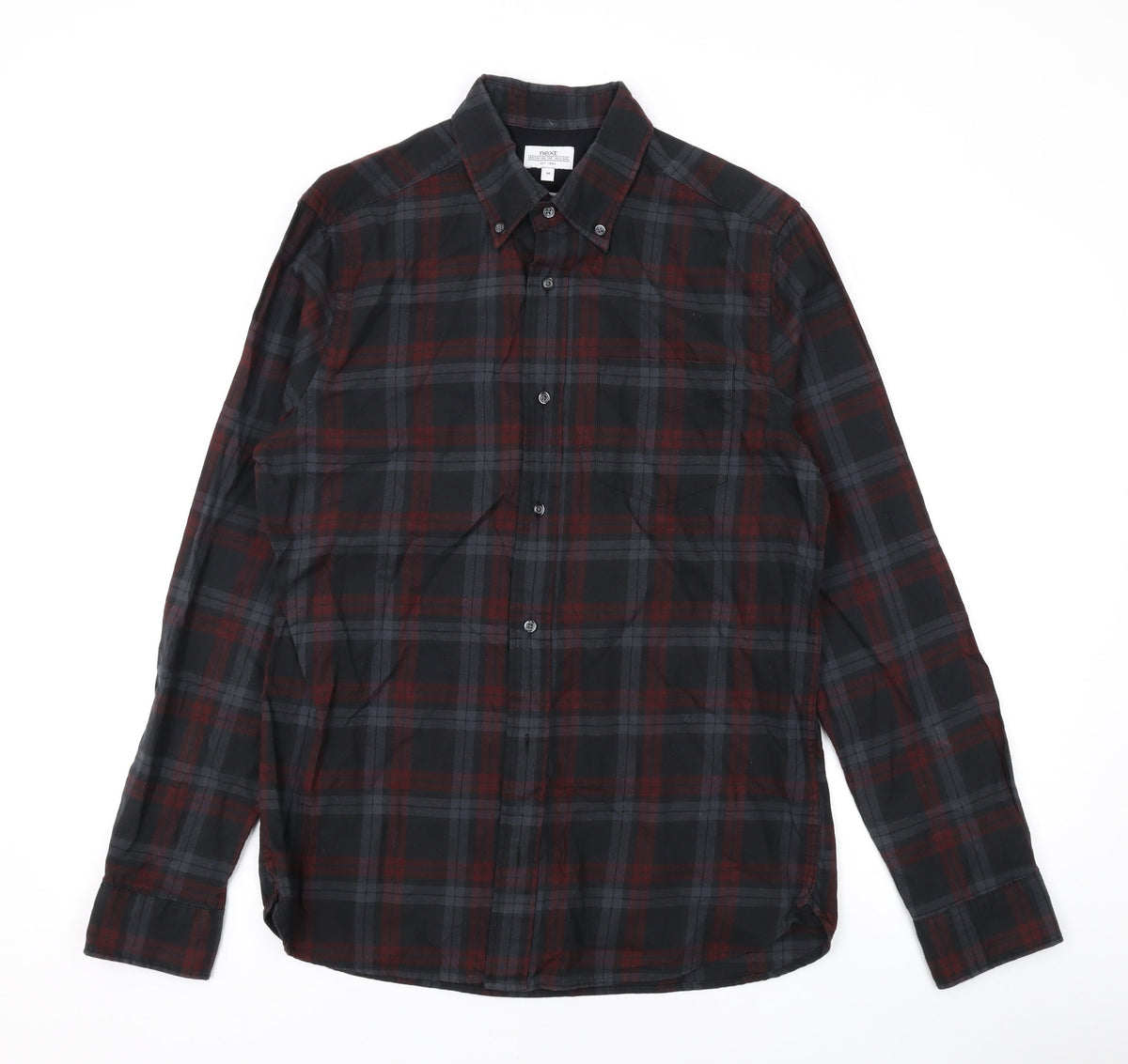 NEXT Mens Grey Plaid Cotton Button-Up Size M Collared Button