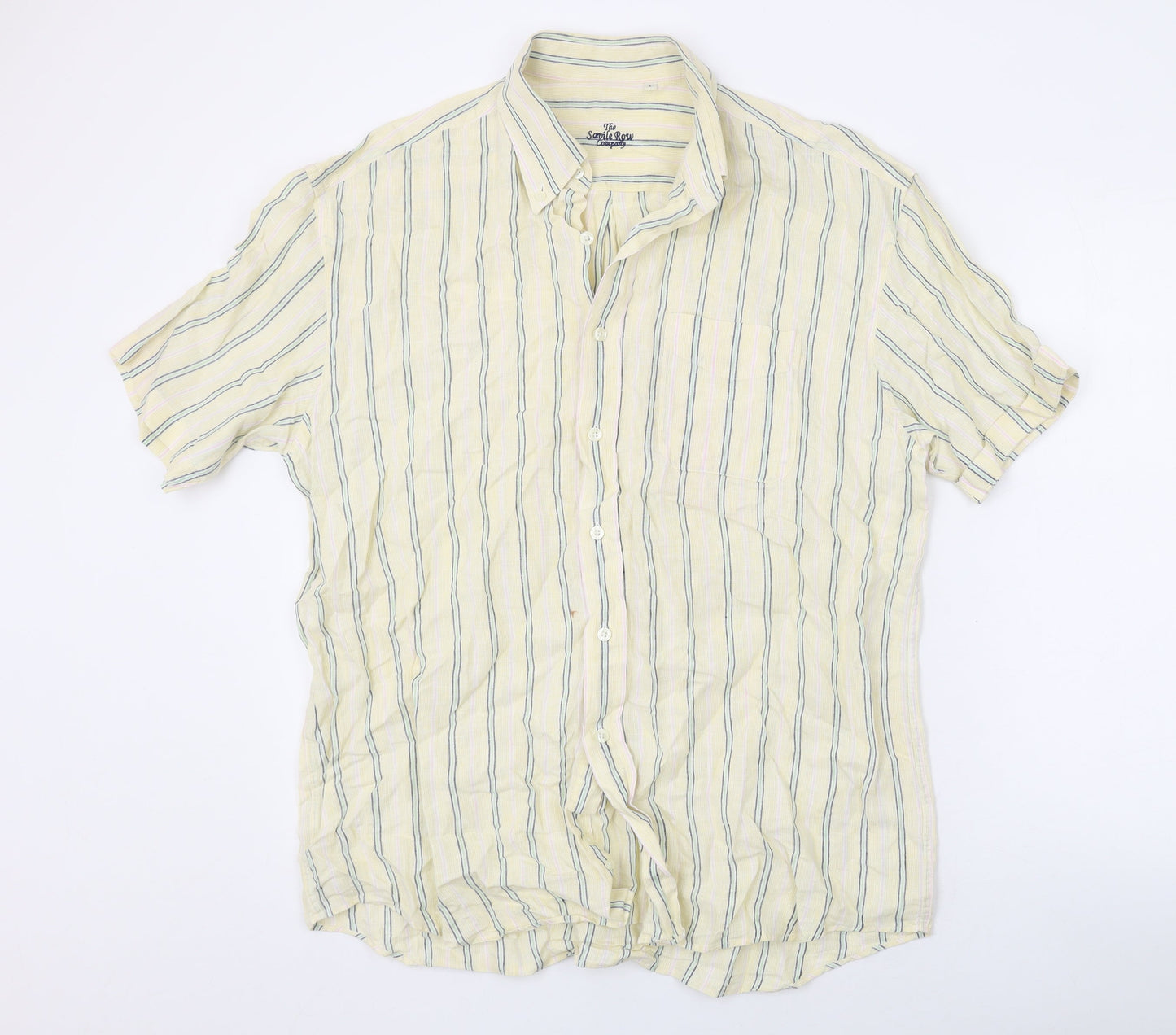 The Savile Row Mens Yellow Striped Linen Button-Up Size L Collared Button