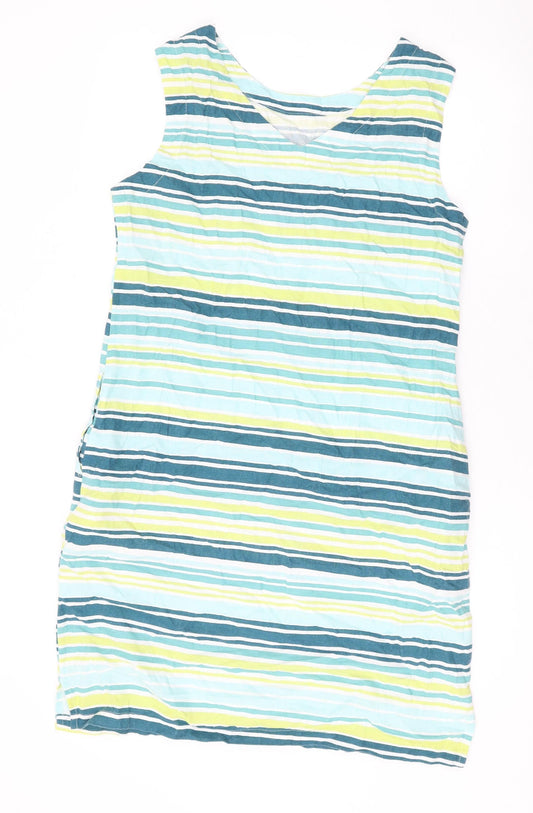 Lily & Me Womens Green Striped Linen Tank Dress Size 12 V-Neck Pullover