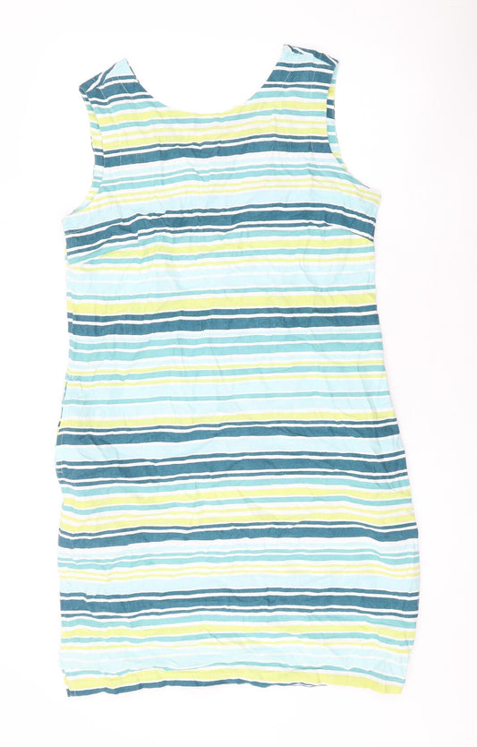 Lily & Me Womens Green Striped Linen Tank Dress Size 12 V-Neck Pullover