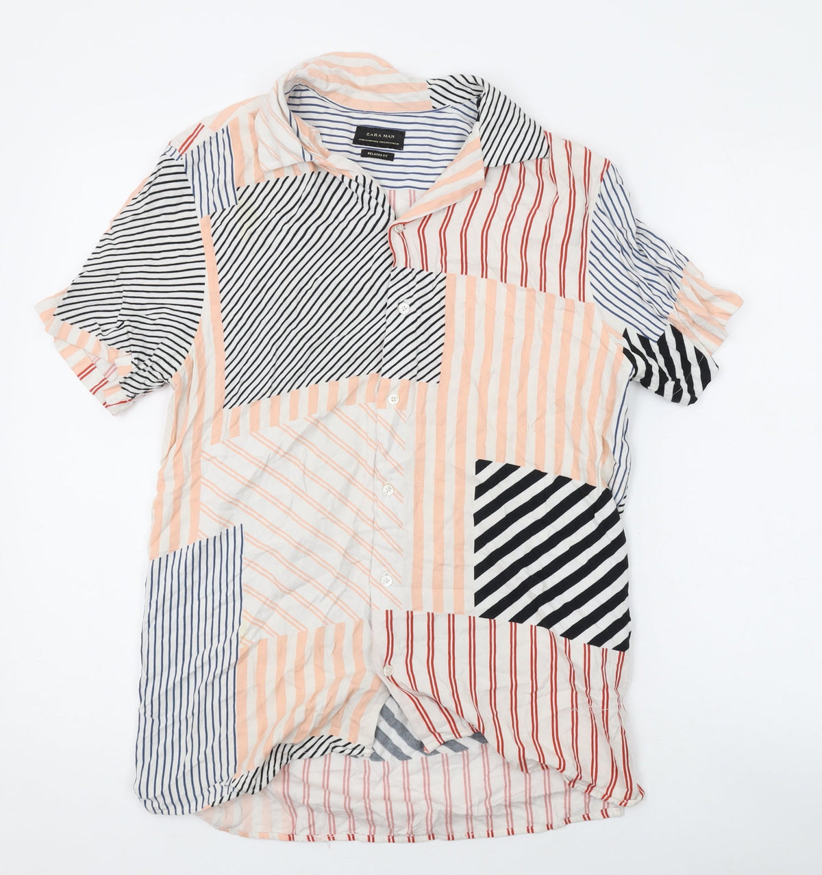 Zara Mens Multicoloured Striped Cotton Button-Up Size S Collared Button