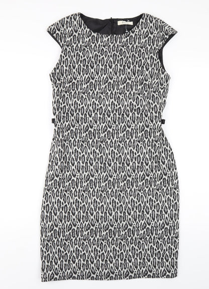 Precis Womens Grey Animal Print Polyester Pencil Dress Size 12 Round Neck Zip