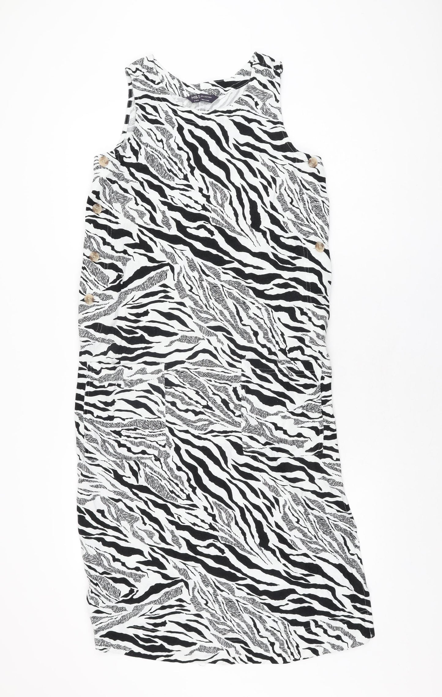 Marks and Spencer Womens White Animal Print Linen Shift Size 6 Round Neck Button - Zebra Print