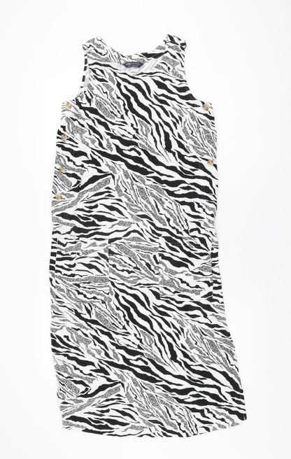 Marks and Spencer Womens White Animal Print Linen Shift Size 6 Round Neck Button - Zebra Print