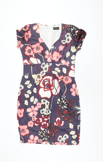 Ecoline Womens Purple Floral Cotton Bodycon Size 12 V-Neck Zip