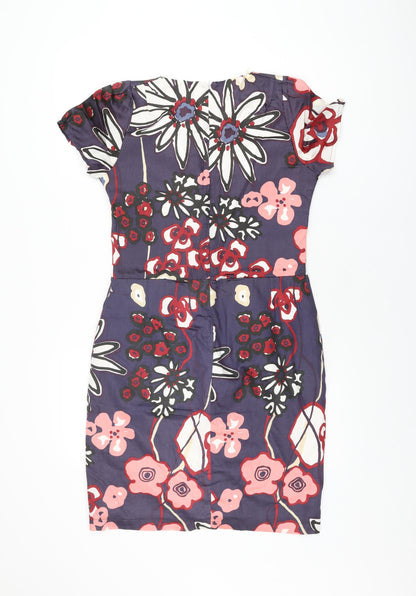 Ecoline Womens Purple Floral Cotton Bodycon Size 12 V-Neck Zip
